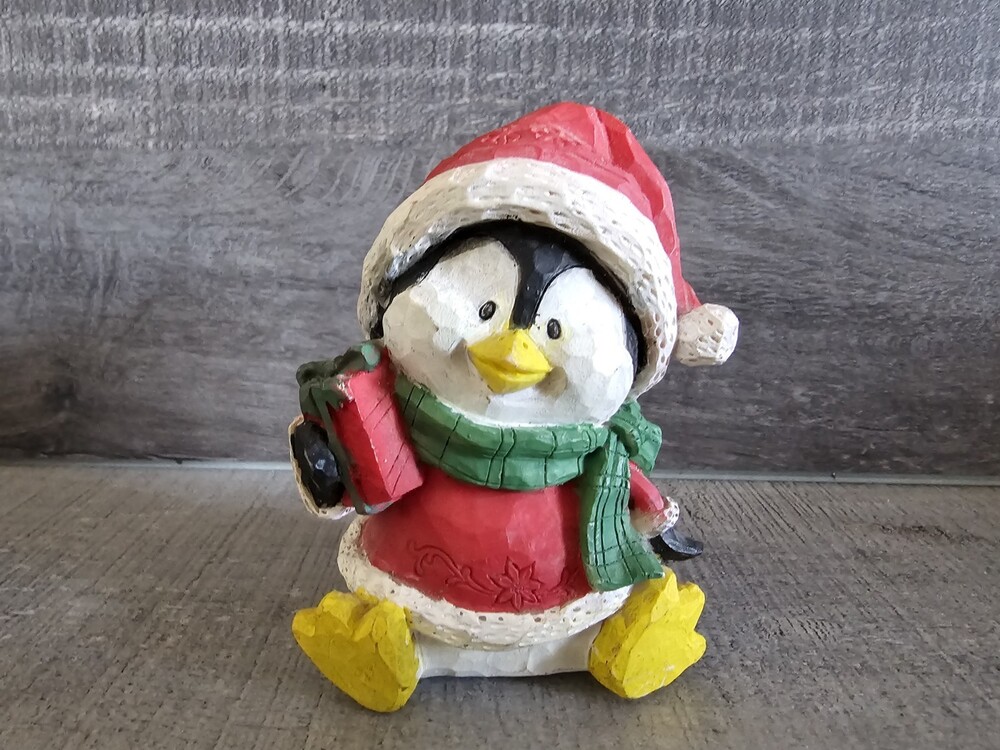 Christmas Penguin With Presents Carved Wood Look Figurine 3.5" Rustic G3b